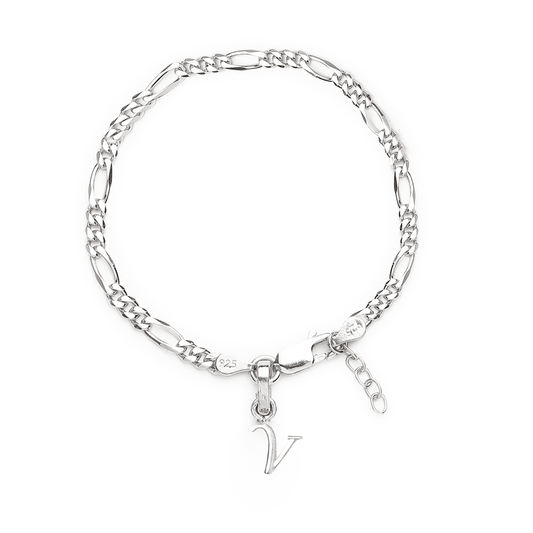 Akshat Sapphire 92.5% pure Sterling Silver Figaro Designer Bracelet with V Alphabet for Girls and women