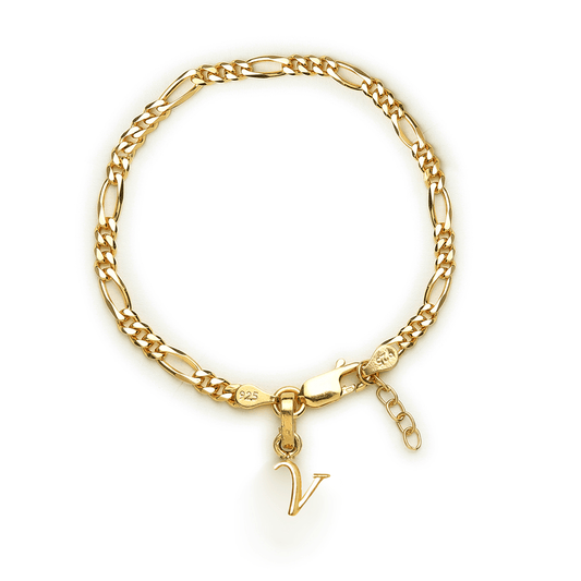 Akshat Sapphire 22KT gold plated 92.5% pure Sterling Silver Figaro Designer Bracelet with V Alphabet for Girls and Women