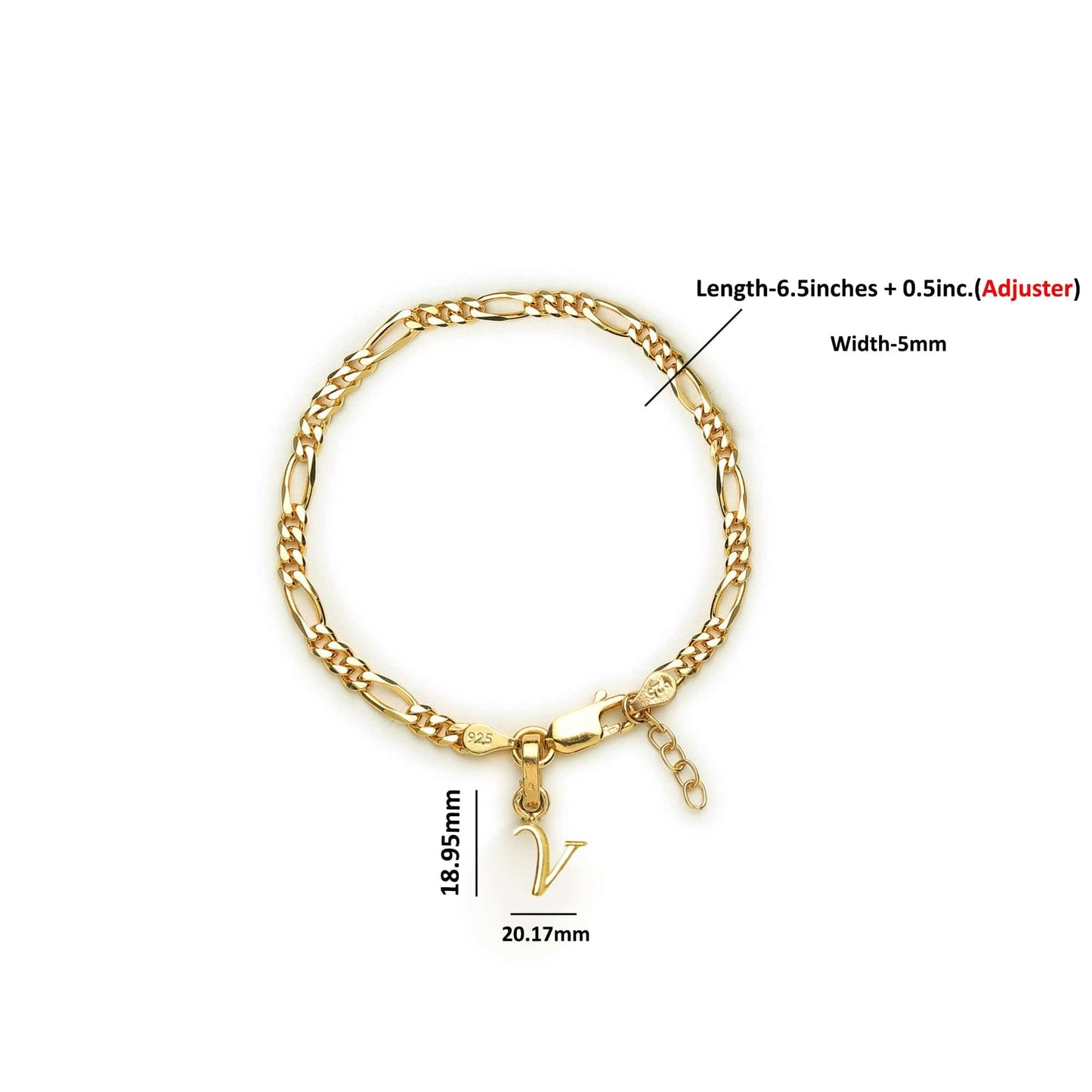 Akshat Sapphire 22KT gold plated 92.5% pure Sterling Silver Figaro Designer Bracelet with V Alphabet for Girls and Women