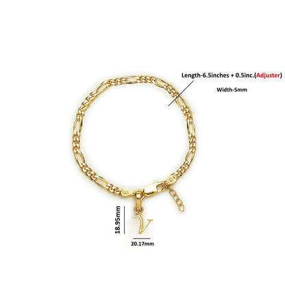 Akshat Sapphire 22KT gold plated 92.5% pure Sterling Silver Figaro Designer Bracelet with V Alphabet for Girls and Women