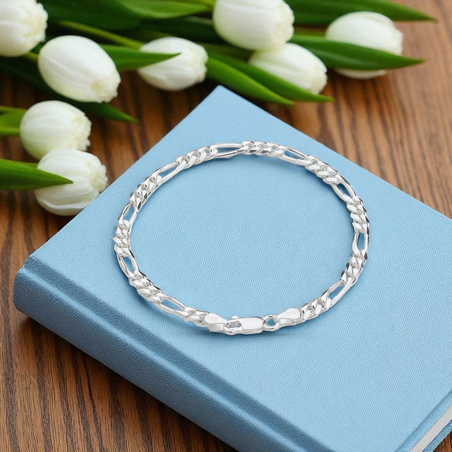 Akshat Sapphire Sterling Silver (92.5% purity) Stylish and Fashionable Figaro Bracelet for Men pure silver Bracelet