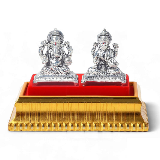 Premium 99.9% Pure Silver Ganesha & Maa Laxmi Idol Set for Temple, study table and car dashboard