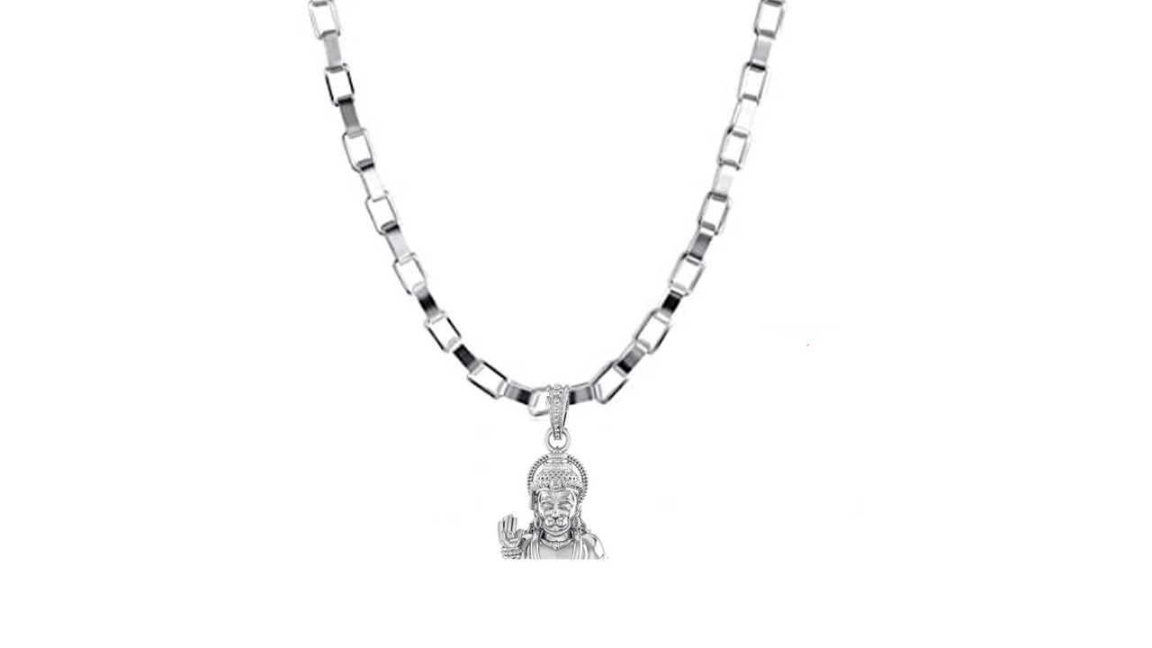 God Hanuman Chain Pendant (Pendant with Box Chain- 22 inches) for Men & Women Pure Silver Lord bajrang bali Chain Locket for Good Health & Wealth Akshat Sapphire