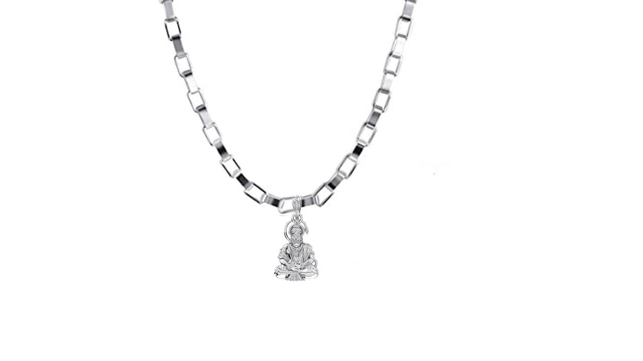 God Hanuman Chain Pendant (Pendant with Box Chain- 22 inches) for Men & Women Pure Silver Lord bajrang bali Chain Locket for Good Health & Wealth Akshat Sapphire