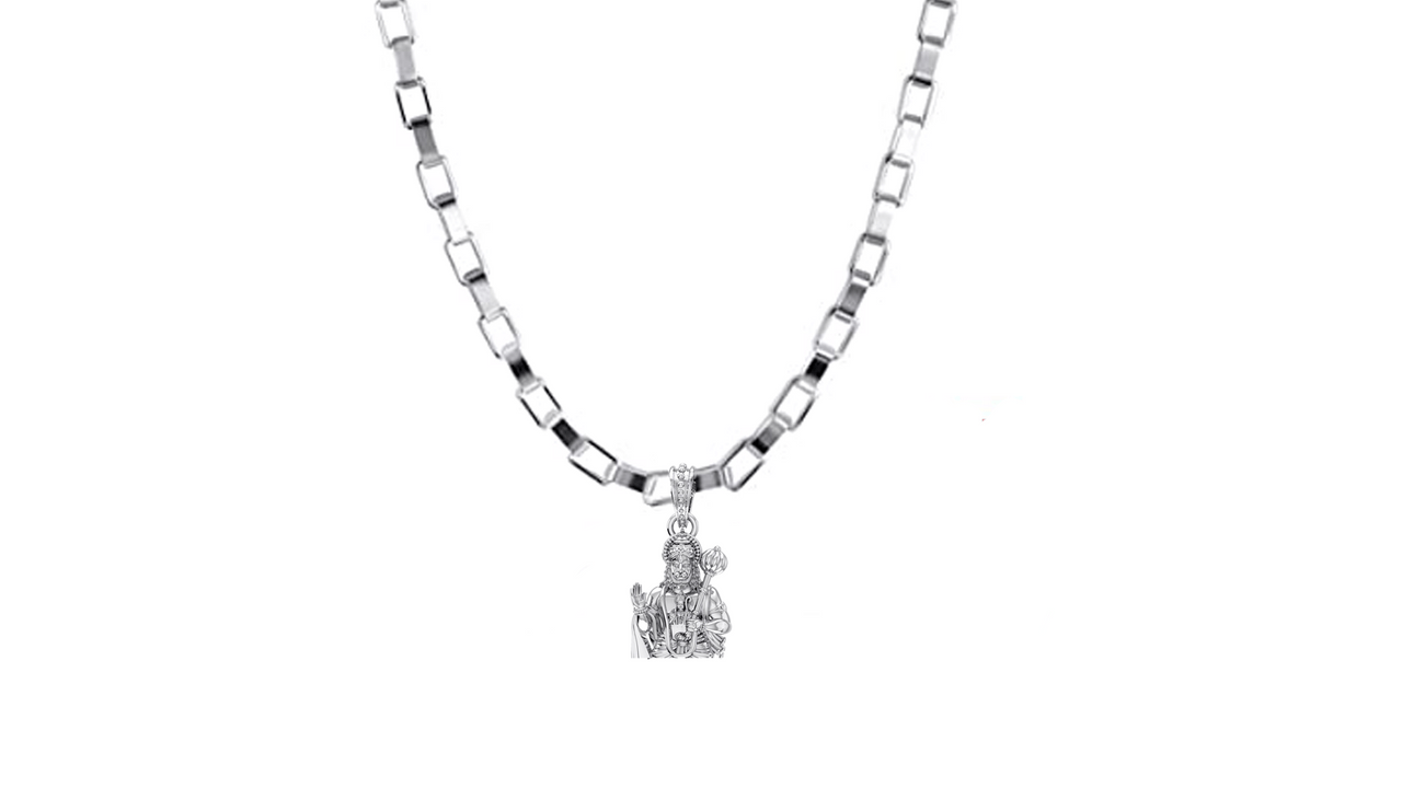 God Hanuman Chain Pendant (Pendant with Box Chain- 22 inches) for Men & Women Pure Silver Lord bajrang bali Chain Locket for Good Health & Wealth Akshat Sapphire