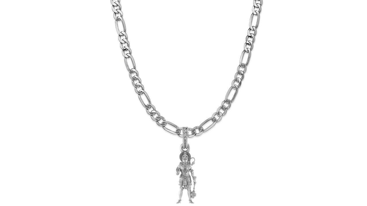 God Hanuman Chain Pendant (Pendant with Figaro Chain- 22 inches) for Men & Women Pure Silver Lord bajrang bali Chain Locket for Good Health & Wealth Akshat Sapphire