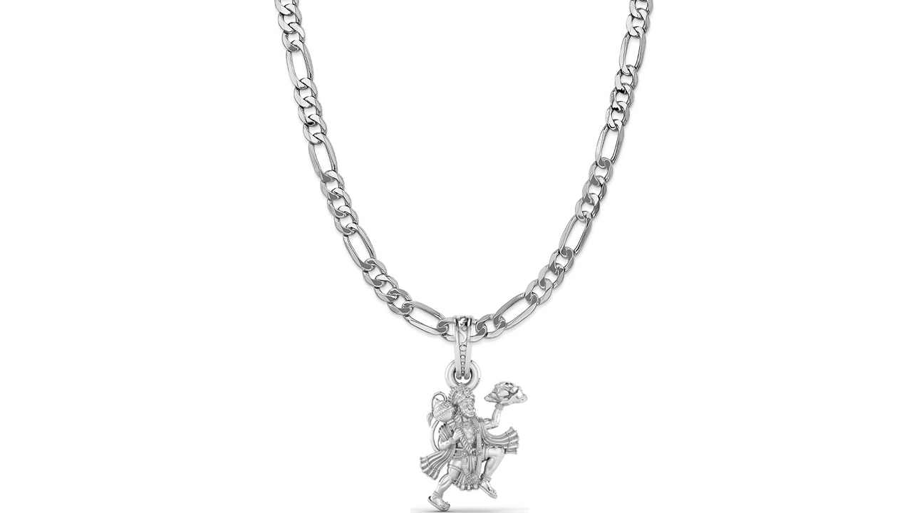 God Hanuman Chain Pendant (Pendant with Figaro Chain- 22 inches) for Men & Women Pure Silver Lord bajrang bali Chain Locket for Good Health & Wealth Akshat Sapphire