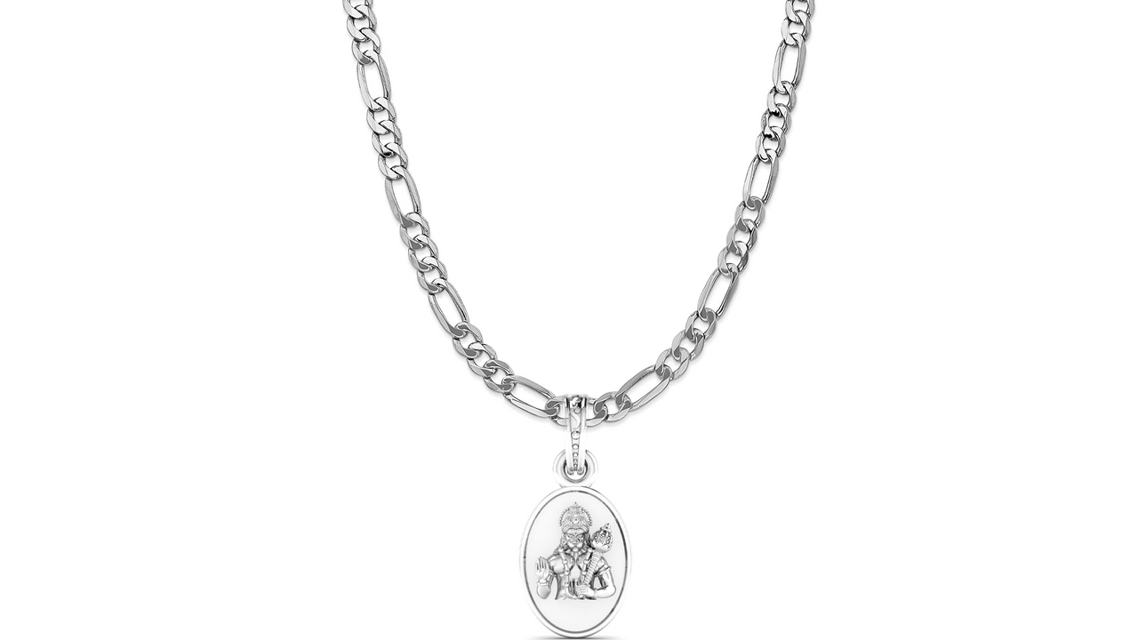 God Hanuman Chain Pendant (Pendant with Figaro Chain- 22 inches) for Men & Women Pure Silver Lord bajrang bali Chain Locket for Good Health & Wealth Akshat Sapphire
