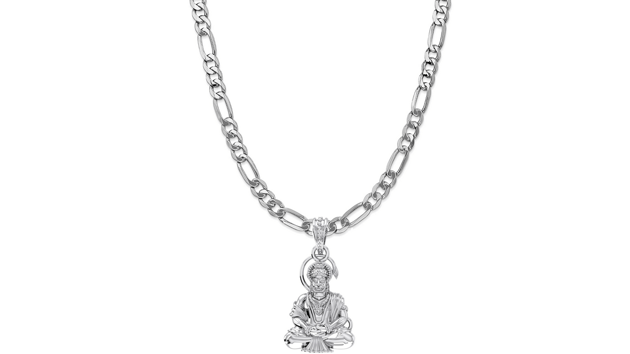 God Hanuman Chain Pendant (Pendant with Figaro Chain- 22 inches) for Men & Women Pure Silver Lord bajrang bali Chain Locket for Good Health & Wealth Akshat Sapphire