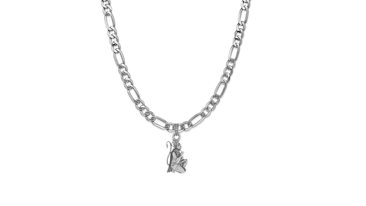 God Hanuman Chain Pendant (Pendant with Figaro Chain- 22 inches) for Men & Women Pure Silver Lord bajrang bali Chain Locket for Good Health & Wealth Akshat Sapphire