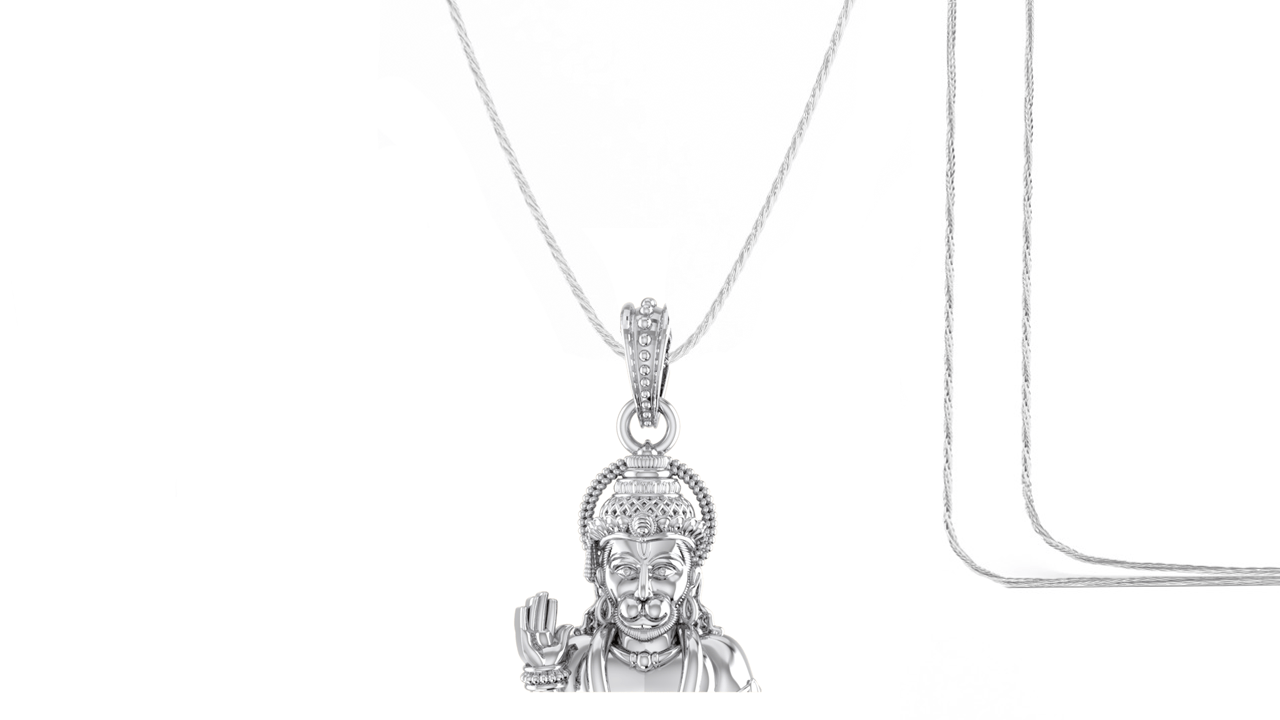 God Hanuman Chain Pendant (Pendant with Rope Chain- 22 inches) for Men & Women Pure Silver Lord bajrang bali Chain Locket for Good Health & Wealth Akshat Sapphire