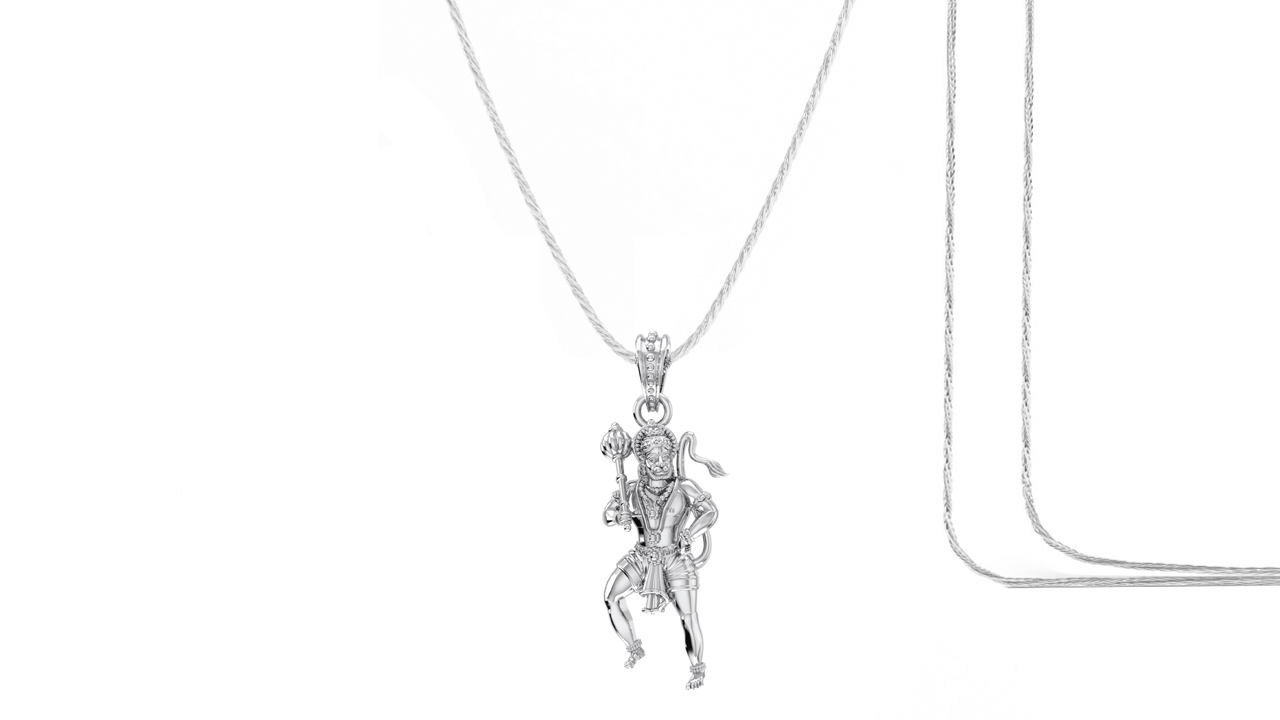 God Hanuman Chain Pendant (Pendant with Rope Chain- 22 inches) for Men & Women Pure Silver Lord bajrang bali Chain Locket for Good Health & Wealth Akshat Sapphire