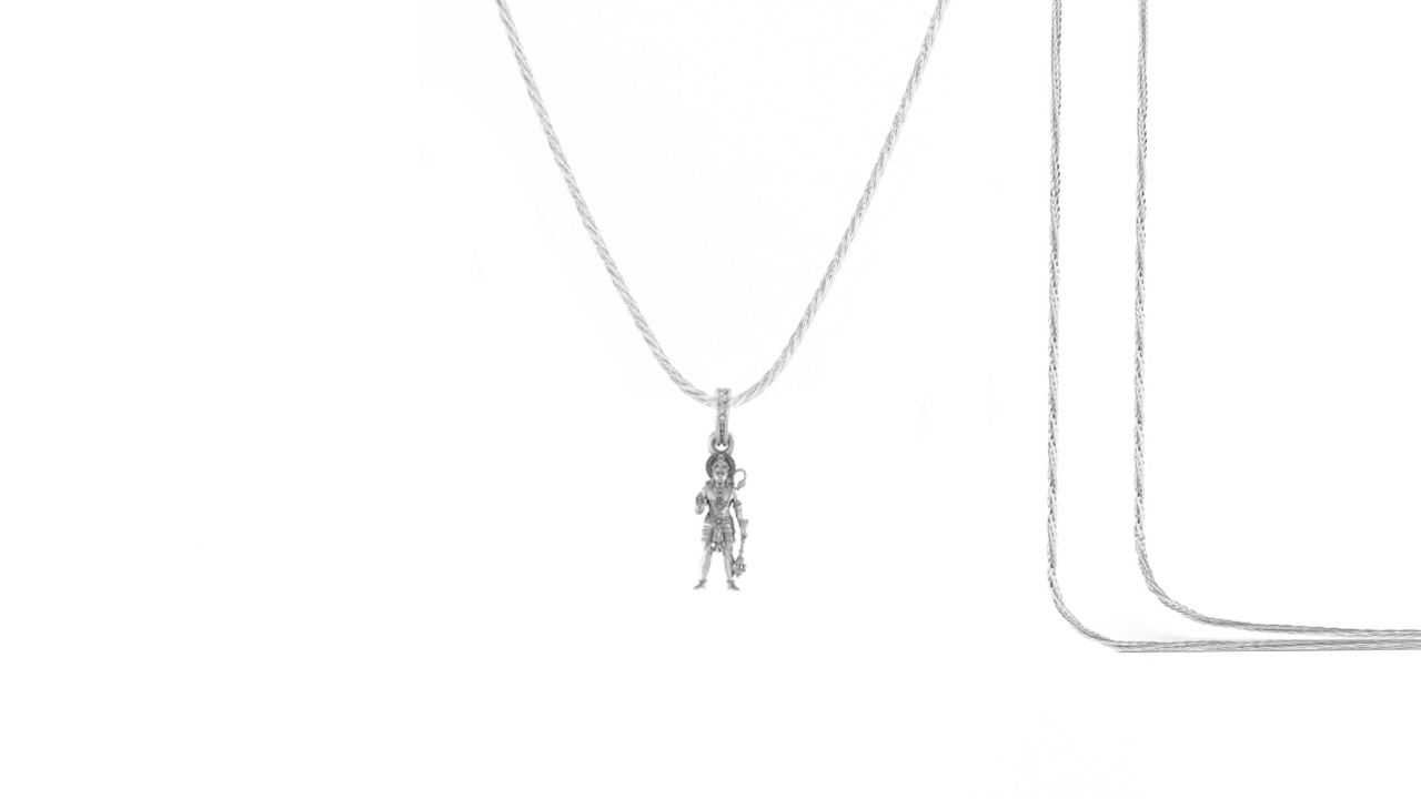 God Hanuman Chain Pendant (Pendant with Rope Chain- 22 inches) for Men & Women Pure Silver Lord bajrang bali Chain Locket for Good Health & Wealth Akshat Sapphire