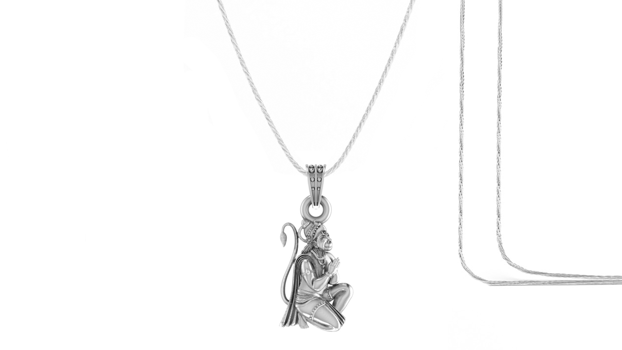 God Hanuman Chain Pendant (Pendant with Rope Chain- 22 inches) for Men & Women Pure Silver Lord bajrang bali Chain Locket for Good Health & Wealth Akshat Sapphire