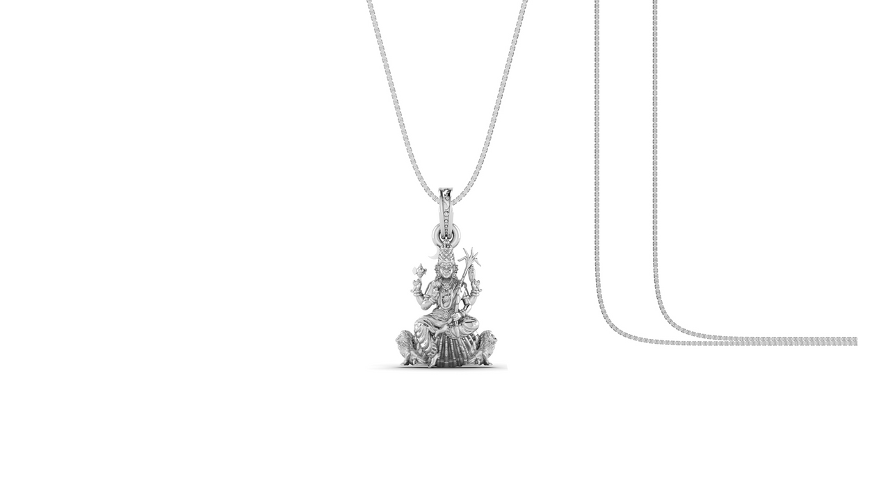 Goddess Maa Kamakshii Chain Pendant (Pendant with Box Chain) for Men & Women Pure Silver Lord Ma Kanchi Kamakshi Devi Chain Locket Kanchipuram for Good Health & Wealth Akshat Sapphire