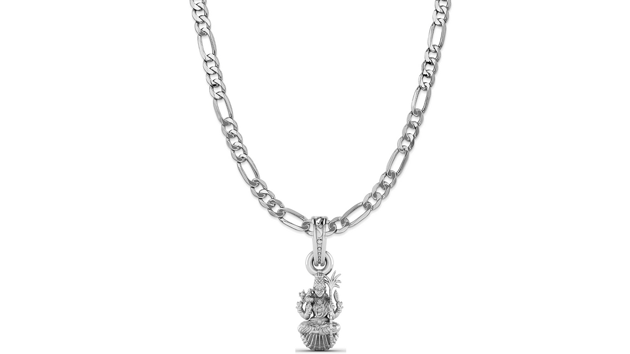 Goddess Maa Lalitha Parameswari Chain Pendant (Pendant with Figaro Chain-22 inches) for Men & Women Pure Silver Lord Ma Lalita Sahasranamam Tripura Sundari chain Locket for Good Health & Wealth Akshat Sapphire