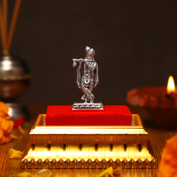 Akhsat Sapphire 99.9% Pure Silver Lord Krishna Idol with Acrylic Box for Pooja Room, office desk, Car Dashboard
