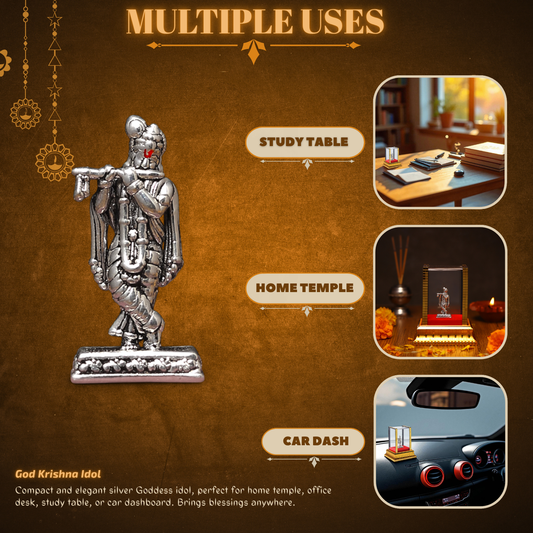 Akhsat Sapphire 99.9% Pure Silver Lord Krishna Idol with Acrylic Box for Pooja Room, office desk, Car Dashboard