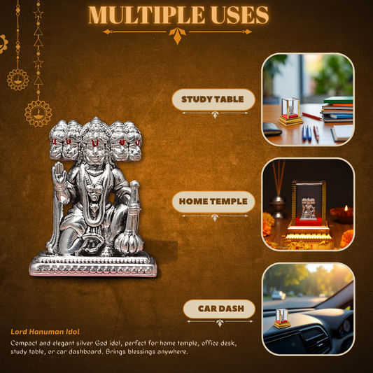 Akhsat Sapphire 99.9% Pure Silver Panchmukhi Hanuman Ji Idol with Acrylic Box for Pooja Room, office desk, Car Dashboard