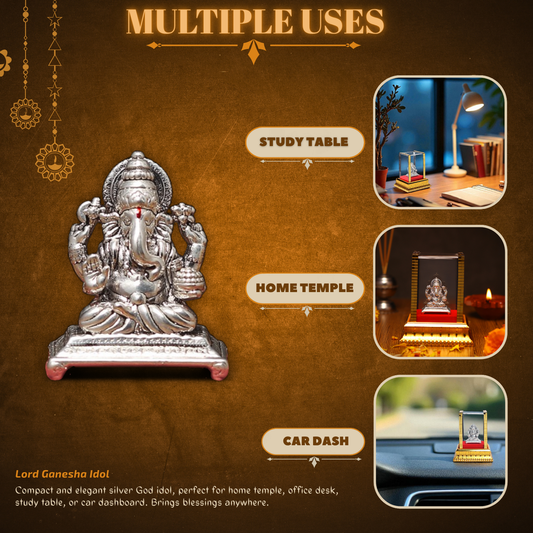 Akhsat Sapphire 99.9% Pure Silver Lord Ganesha Idol with Acrylic Box for Pooja Room, office desk, Car Dashboard