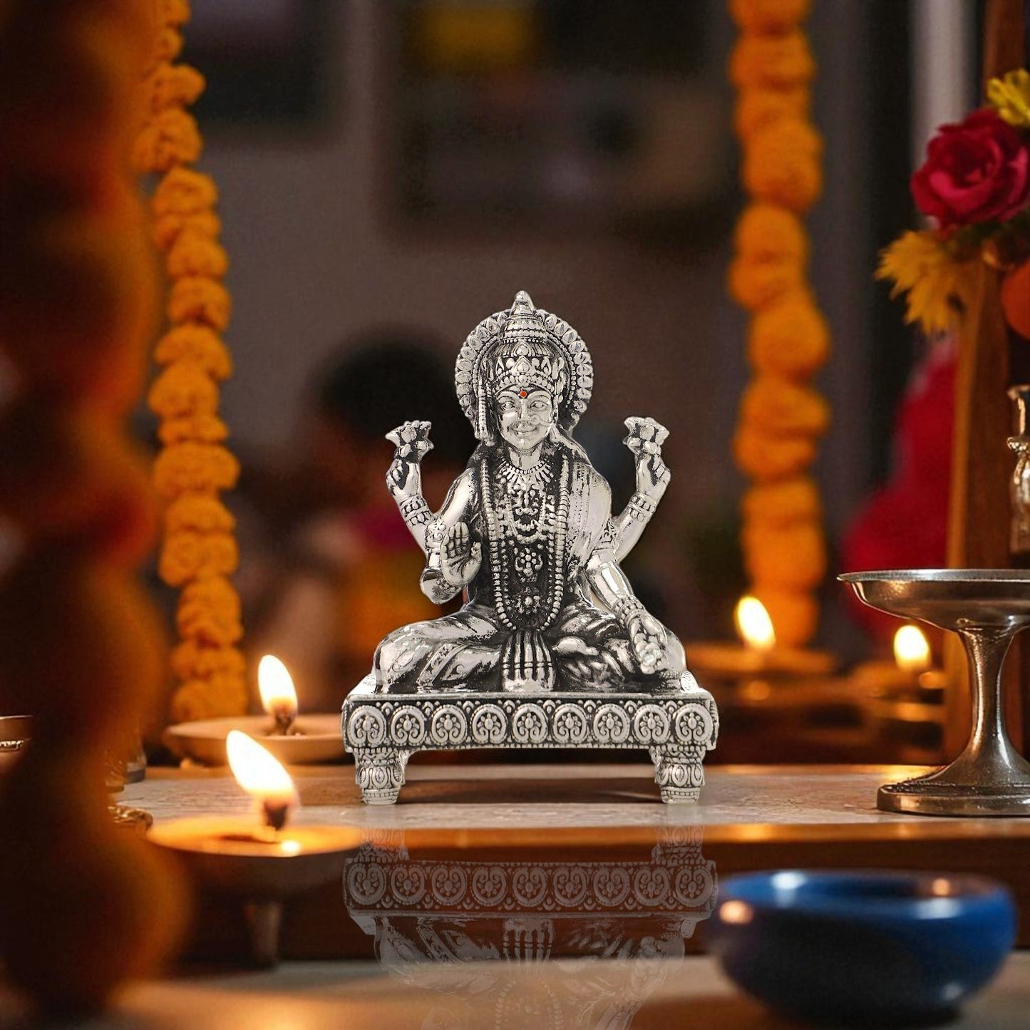 99.9% Pure Silver Laxmi ji Idol with Acrylic Box for Pooja Room, office desk & Car Dashboard