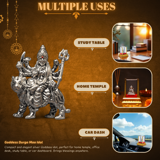 Akhsat Sapphire 99.9% Pure Silver Maa Durga Idol with Acrylic Box for Pooja Room, office desk, Car Dashboard