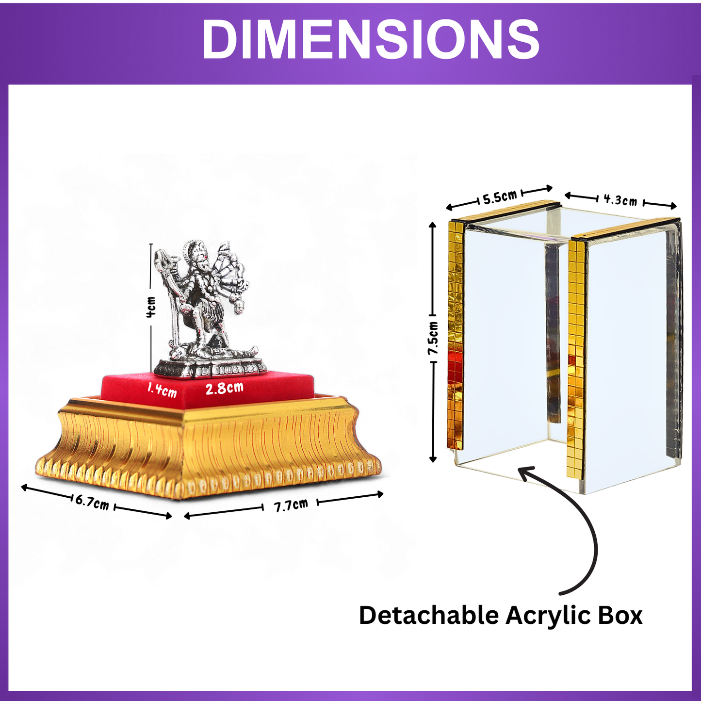 99.9% Pure Silver Kaali Maa Idol with Acrylic Box for Pooja Room, office desk & Car Dashboard