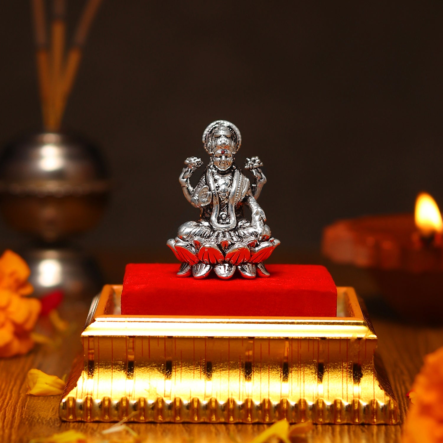 Akhsat Sapphire 99.9% Pure Silver Lakshmi Ji Idol with Acrylic Box for Pooja Room, office desk, Car Dashboard