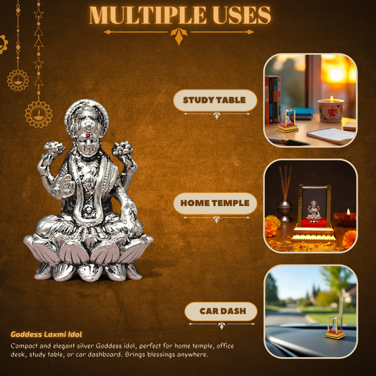 Akhsat Sapphire 99.9% Pure Silver Lakshmi Ji Idol with Acrylic Box for Pooja Room, office desk, Car Dashboard