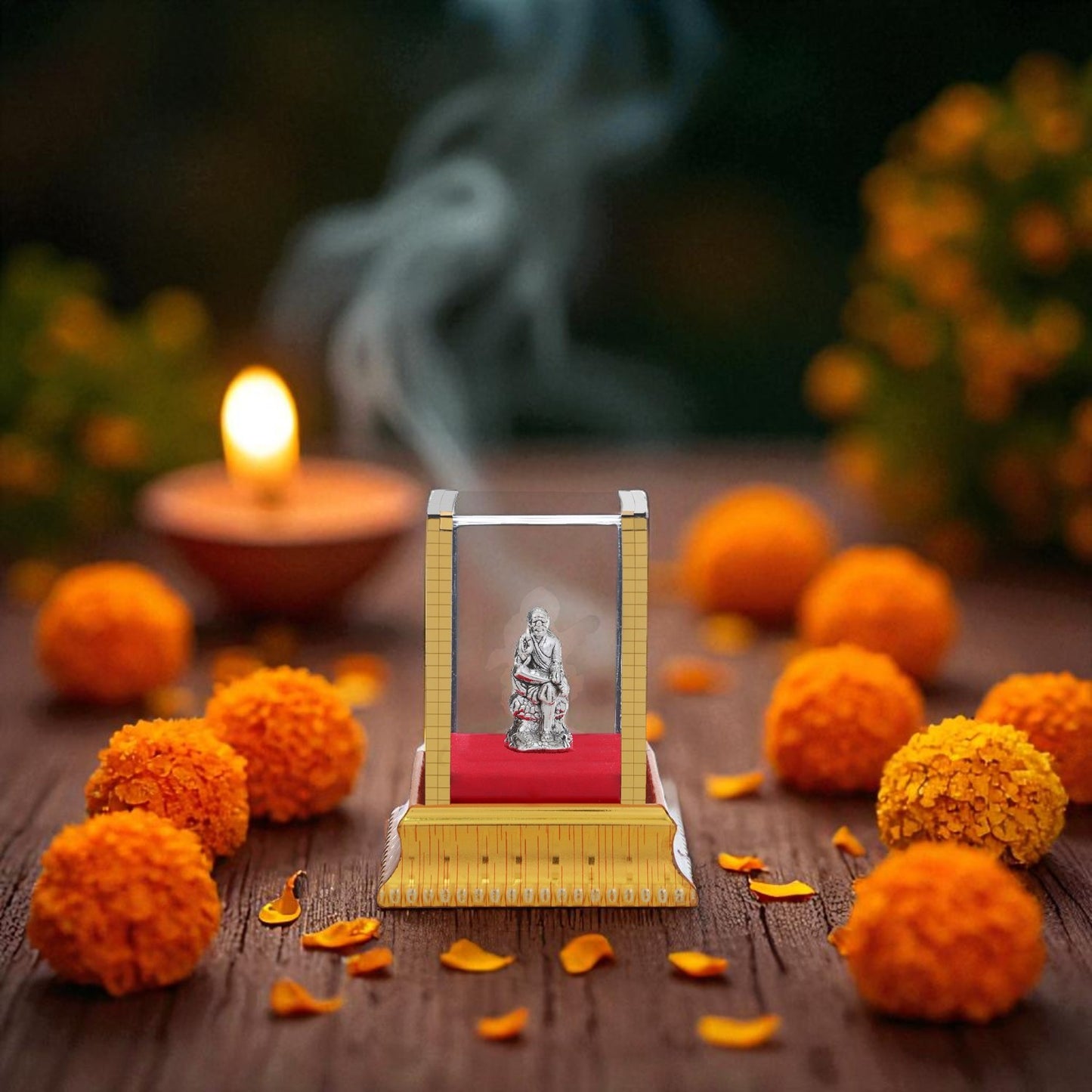 99.9% Pure Silver Sai Baba Idol with Acrylic Box for Pooja Room, office desk & Car Dashboard