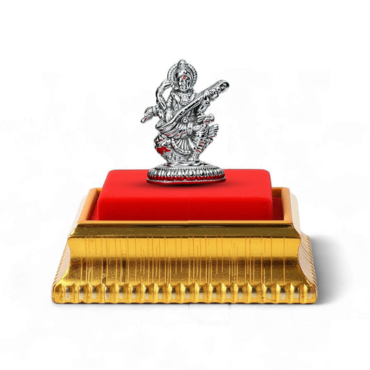 99.9% Pure Silver Maa Saraswati Idol with Acrylic Box for Pooja Room, office desk & Car Dashboard