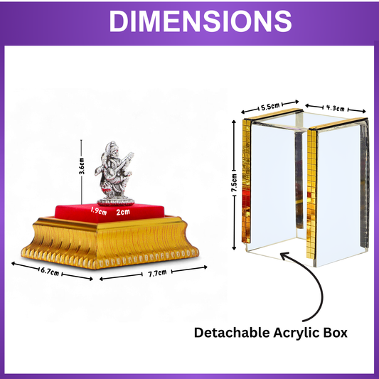 99.9% Pure Silver Maa Saraswati Idol with Acrylic Box for Pooja Room, office desk & Car Dashboard