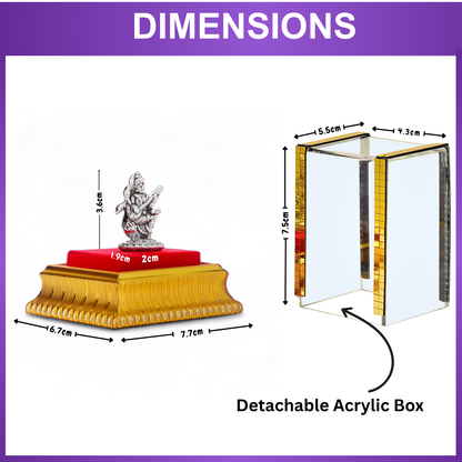 99.9% Pure Silver Maa Saraswati Idol with Acrylic Box for Pooja Room, office desk & Car Dashboard