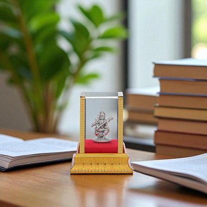 99.9% Pure Silver Maa Saraswati Idol with Acrylic Box for Pooja Room, office desk & Car Dashboard