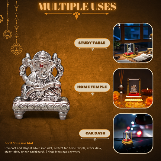 Akhsat Sapphire 99.9% Pure Silver Lord Ganesha Idol with Acrylic Box for Pooja Room, office desk, Car Dashboard
