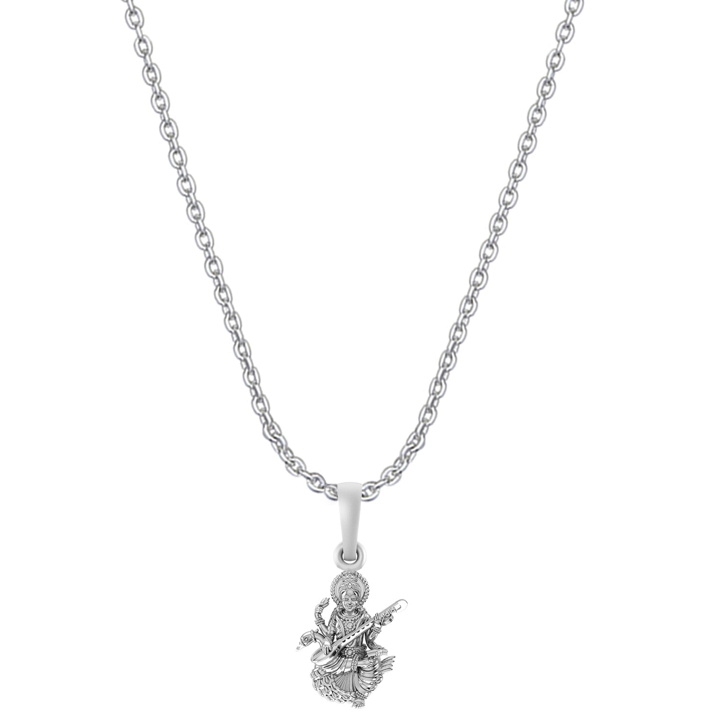 Akshat Sapphire Sterling Silver (92.5% purity) Goddess Saraswati Maa Chain Pendant (Pendant with Anchor Chain-22 inches) for Men & Women Pure Silver Lord Saraswati Maa Chain Locket for Health & Wealth