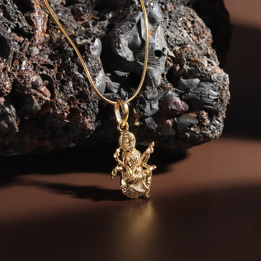 22KT Gold Plated Sterling Silver (92.5% Purity) Pure Silver Goddess Saraswati Maa Chain Pendant (Locket with Anchor Chain-22 inches) for Men & Women