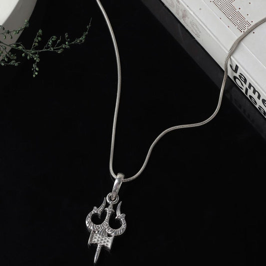 Akshat Sapphire Sterling Silver (92.5% purity) Spiritual Shiva Trishul Chain Pendant  (Pendant with Box Chain-22 inches) for Men & Women Pure Silver Divine Shiva Trishul Chain Locket for Good Health & Wealth