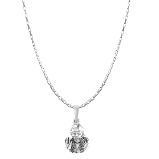 AKSHAT SAPPHIRE Sterling Silver (Silver with 92.5% purity) God Shree Sai Baba chain Pendant (Pendant with Box Chain-22 inches) for Men & Women Pure Sterling Silver Lord Sai Baba chain Locket For Good Wealth & Health