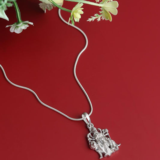Akshat Sapphire Sterling Silver (92.5% purity) Goddess Durga Maa Chain Pendant (Pendant with Box Chain-22 inches) for Men & Women Pure Silver Durga Maa chain Locket for Good Health & Wealth