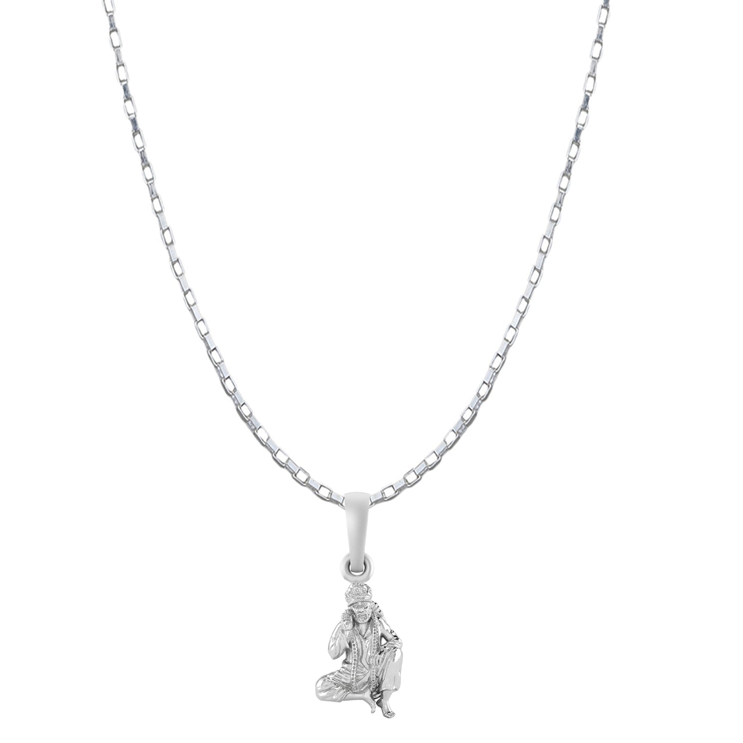 AKSHAT SAPPHIRE Sterling Silver (Silver with 92.5% purity) God Shree Sai Baba chain Pendant (Pendant with Box Chain-22 inches) for Men & Women Pure Sterling Silver Lord Sai Baba chain Locket For Good Wealth & Health