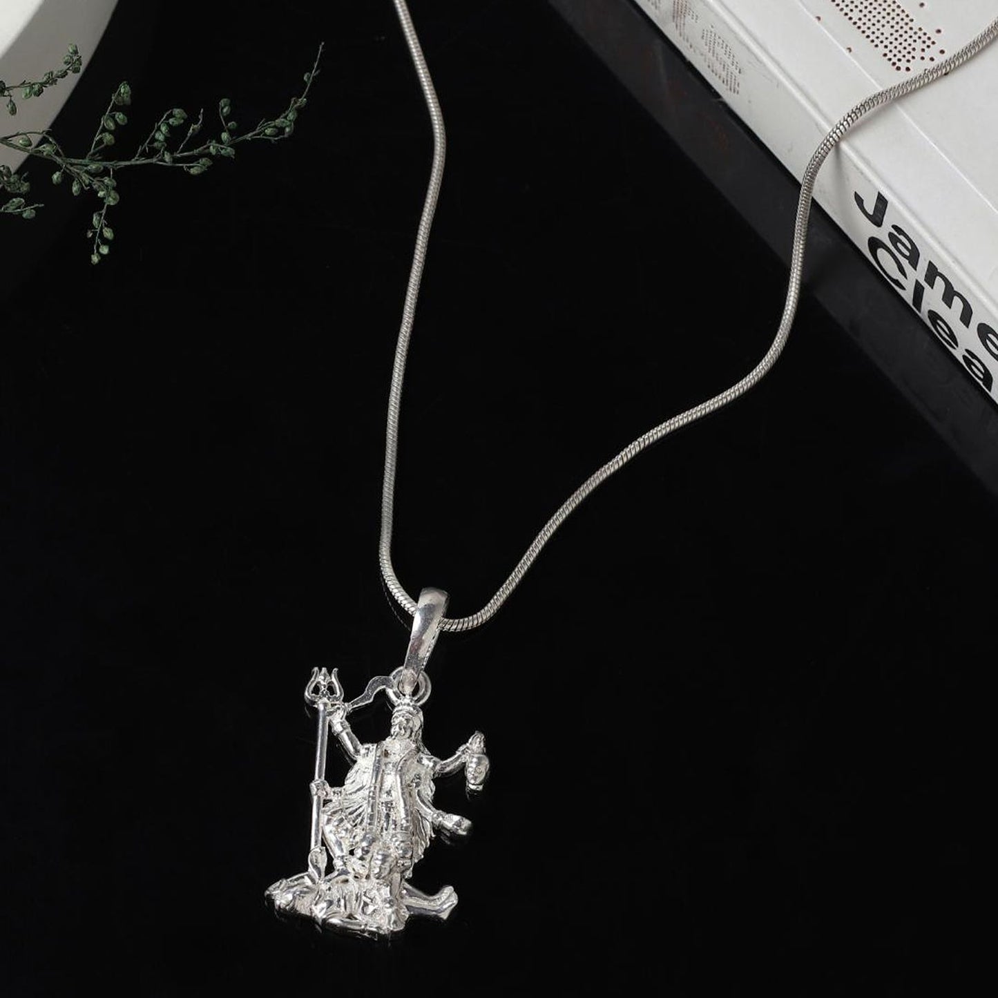 Akshat Sapphire Sterling Silver (92.5% purity) Goddees Kaali Maa Chain Pendant (Pendant with Box Chain-22 inches) for Men & Women Pure Silver Kaali Maa Chain Locket for Good Health & Wealth