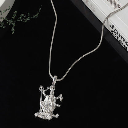 Akshat Sapphire Sterling Silver (92.5% purity) Goddees Kaali Maa Chain Pendant (Pendant with Box Chain-22 inches) for Men & Women Pure Silver Kaali Maa Chain Locket for Good Health & Wealth