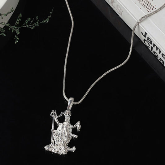 Akshat Sapphire Sterling Silver (92.5% purity) Goddees Kaali Maa Chain Pendant (Pendant with Box Chain-22 inches) for Men & Women Pure Silver Kaali Maa Chain Locket for Good Health & Wealth