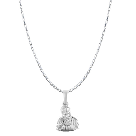 Guru Nanak Chain Pendant (Pendant with Box Chain-22 inches) for Men and women Pure Silver spiritual Punjabi Sikh Sardar Baba Guru Nanak Chain Locket for Good Luck, Health & Wealth