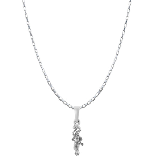 Akshat Sapphire Sterling Silver (92.5% purity) God Krishna Chain Pendant (Pendant with Box Chain-22 inches) for Men & Women Pure Silver Lord Krishna Chain Locket for Good Health & Wealth