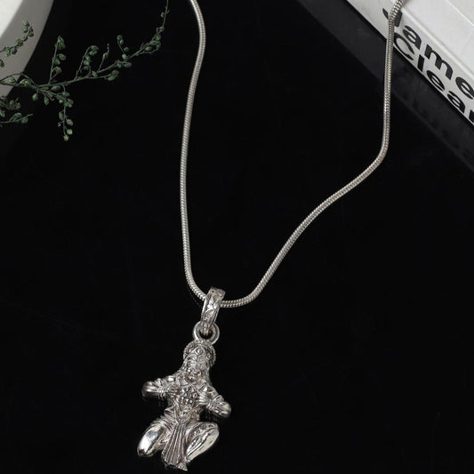 God Hanuman Chain Pendant (Pendant with Box Chain- 22 inches) for Men & Women Pure Silver Lord bajrang bali Chain Locket for Good Health & Wealth