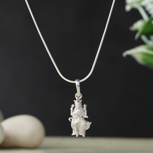 Akshat Sapphire Sterling Silver (92.5% purity) Goddess Mansa Devi Ji chain Pendant (Pendant with Box Chain-22 inches) for Men & Women Pure Silver Maa Mansa Devi Shaktipeeth chain Locket for Good Health & Wealth