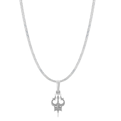 Akshat Sapphire Sterling Silver (92.5% purity) Spiritual Shiva Trishul Chain Pendant  (Pendant with Curb Chain-22 inches) for Men & Women Pure Silver Divine Shiva Trishul Chain Locket for Good Health & Wealth
