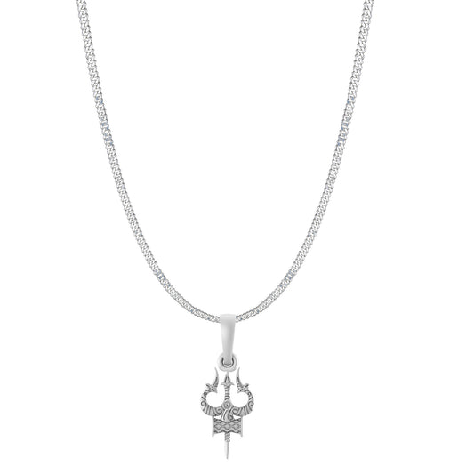 Akshat Sapphire Sterling Silver (92.5% purity) Spiritual Shiva Trishul Chain Pendant  (Pendant with Curb Chain-22 inches) for Men & Women Pure Silver Divine Shiva Trishul Chain Locket for Good Health & Wealth
